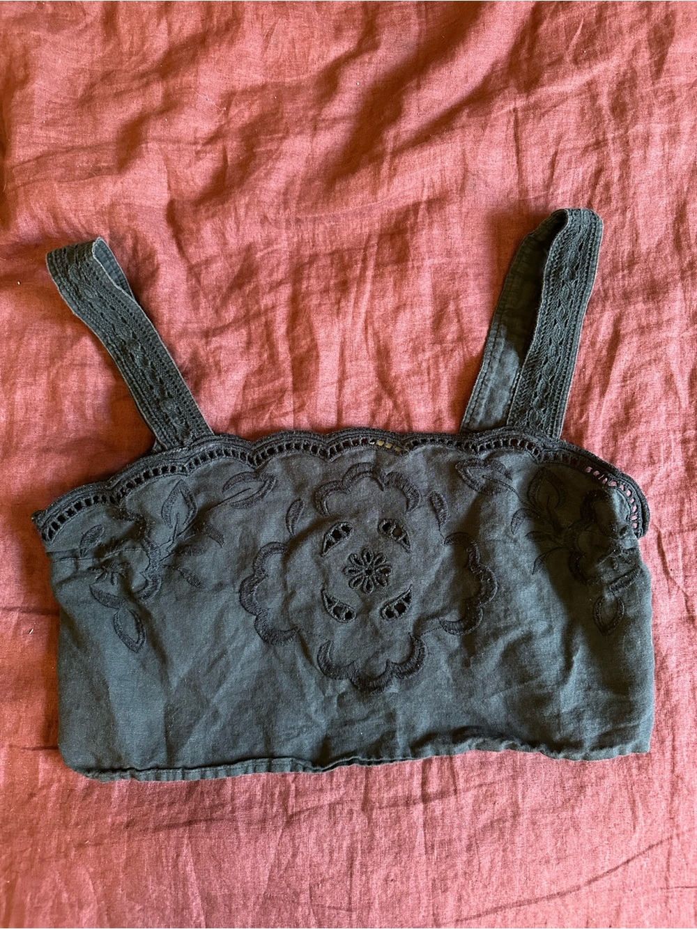Sezane Black Eyelet Cropped Tank Top